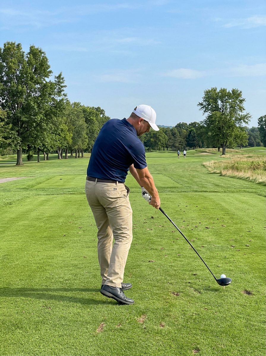 Sample frame: an amateur golfer in the downswing on a fairway, with a posture line drawn over the video frame